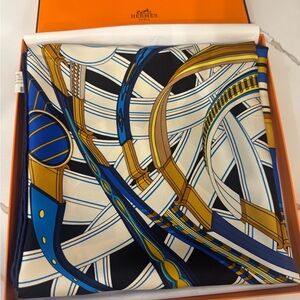Hermès Silk Scarf with Blue and Gold Accents